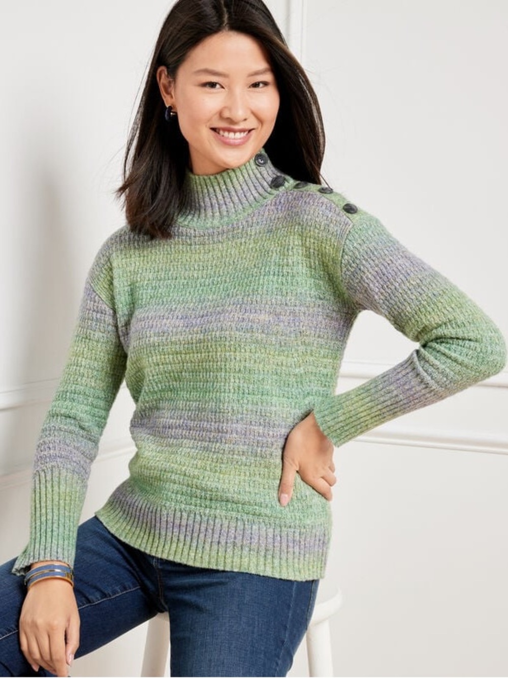 Talbots Green & Purple Ribbed Mock Neck Sweater with Shoulder Buttons
